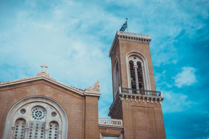 low angle view on bell tower on church under deep